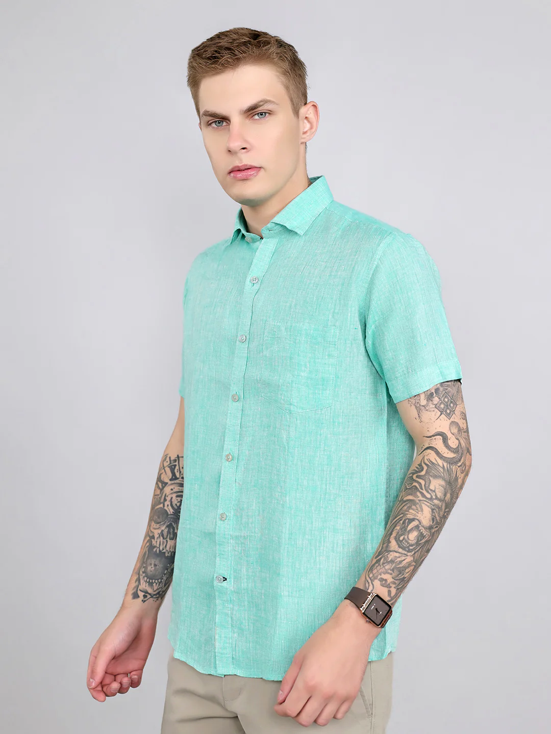 Men Green Solid Collar Half Sleeve Shirt - Image 2