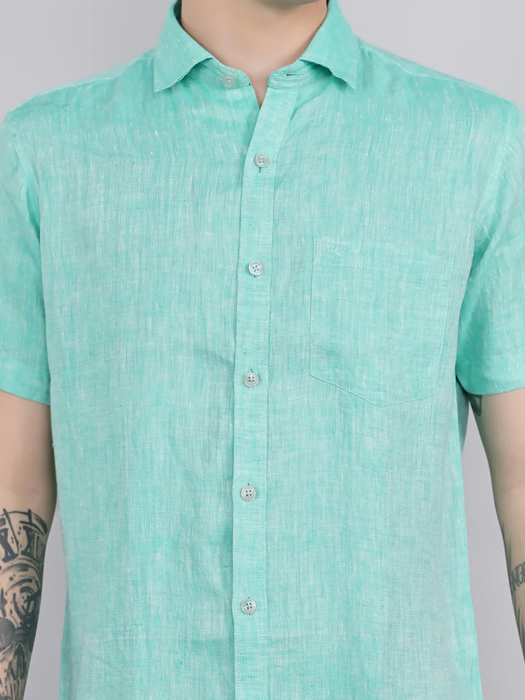 Men Green Solid Collar Half Sleeve Shirt - Image 5