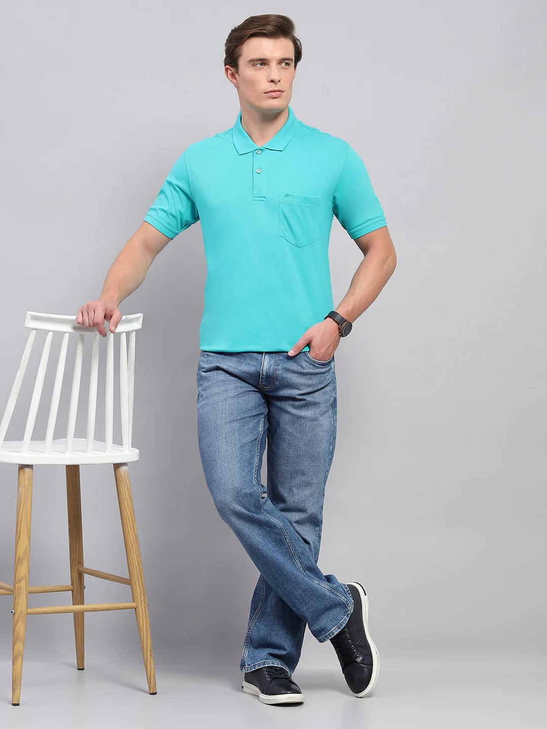 Men Green Solid Collar Half Sleeve T-Shirt - Image 2