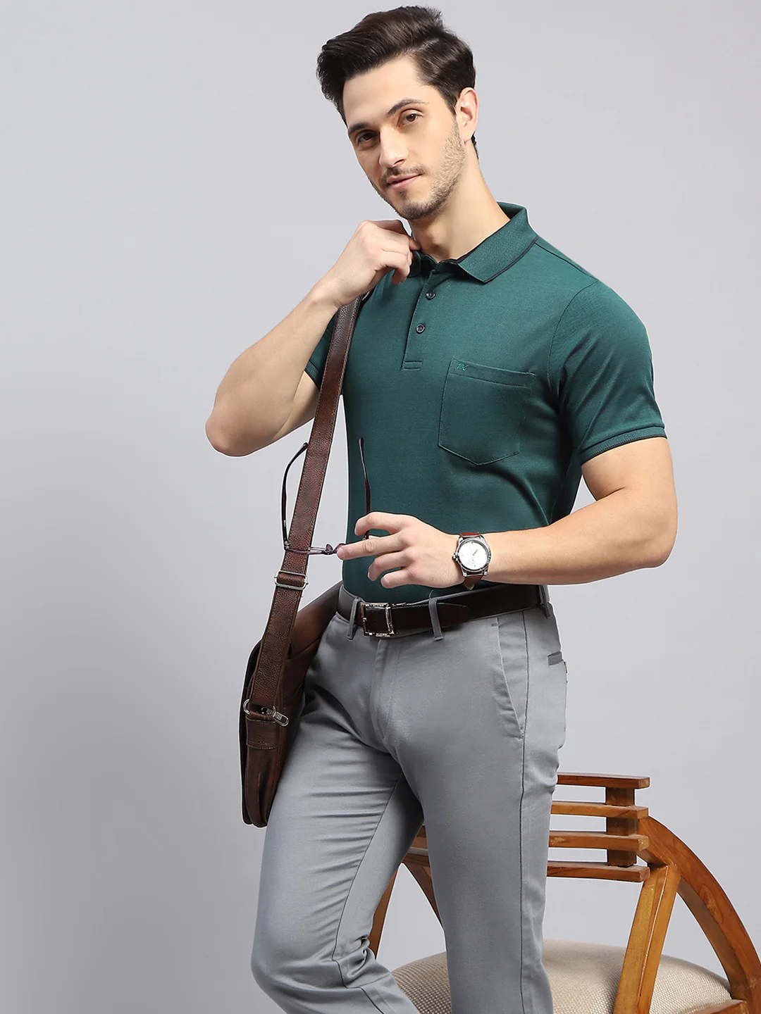 Men Green Solid Collar Half Sleeve T-Shirt - Image 6