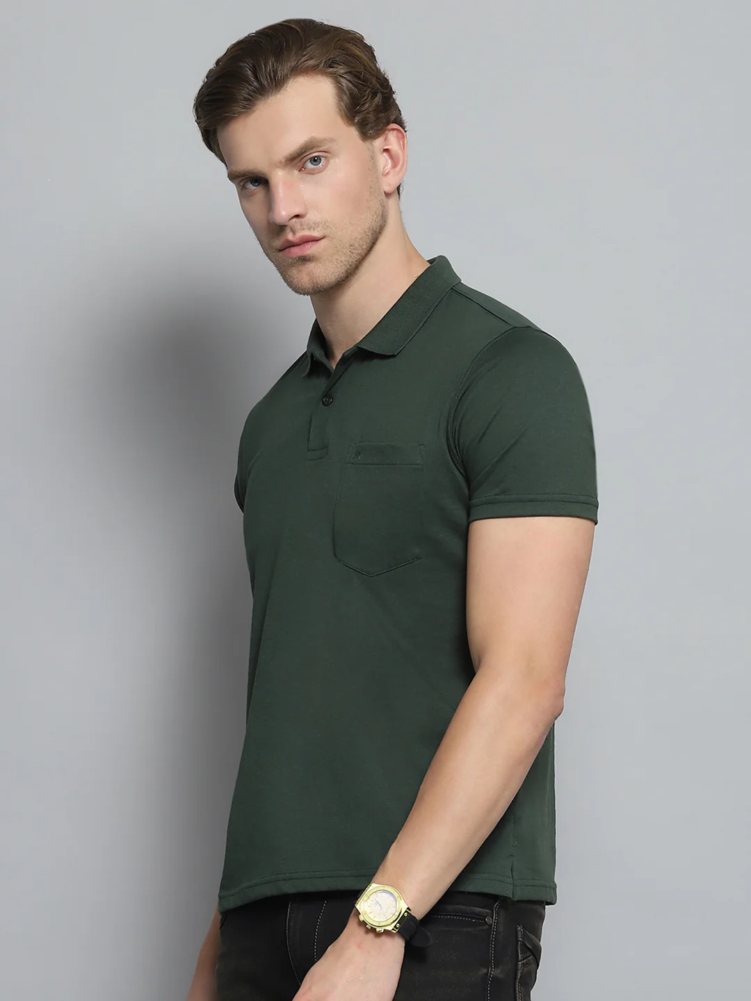 Men Green Solid Collar Half Sleeve T-Shirt - Image 3