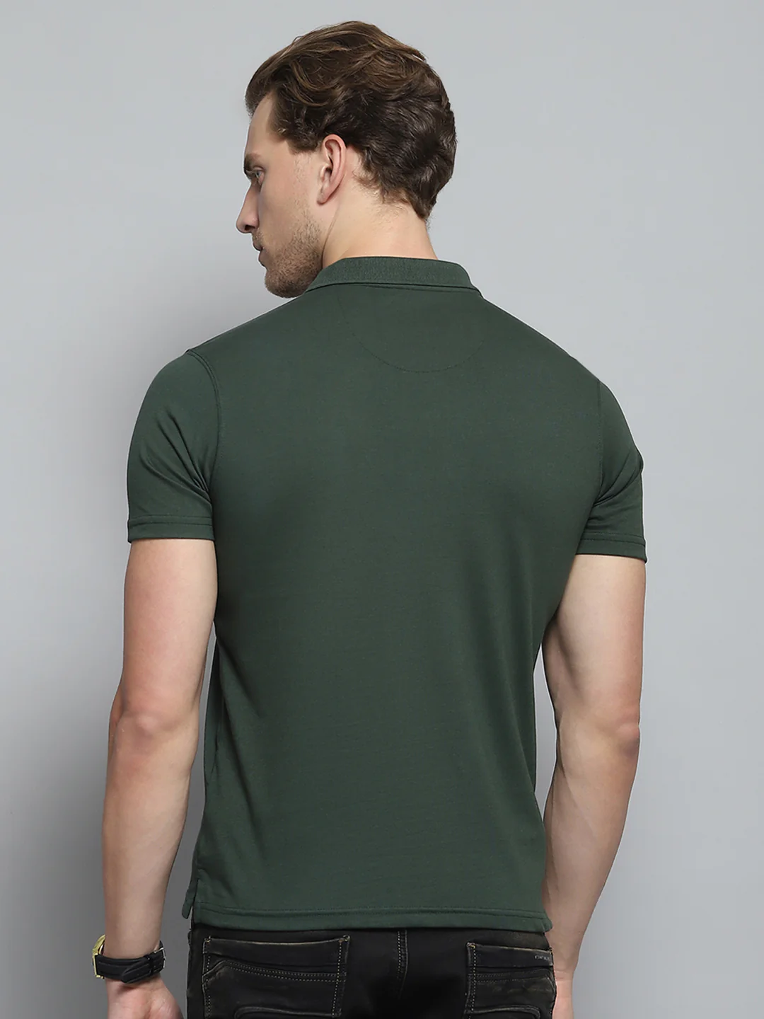 Men Green Solid Collar Half Sleeve T-Shirt - Image 5