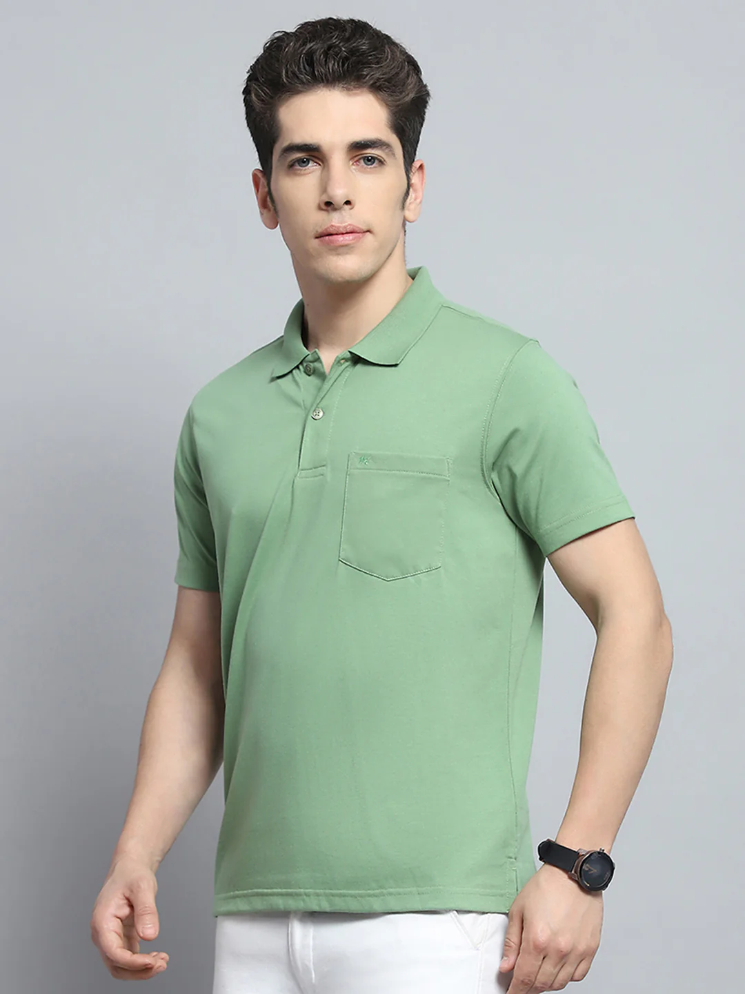 Men Green Solid Collar Half Sleeve T-Shirt - Image 3