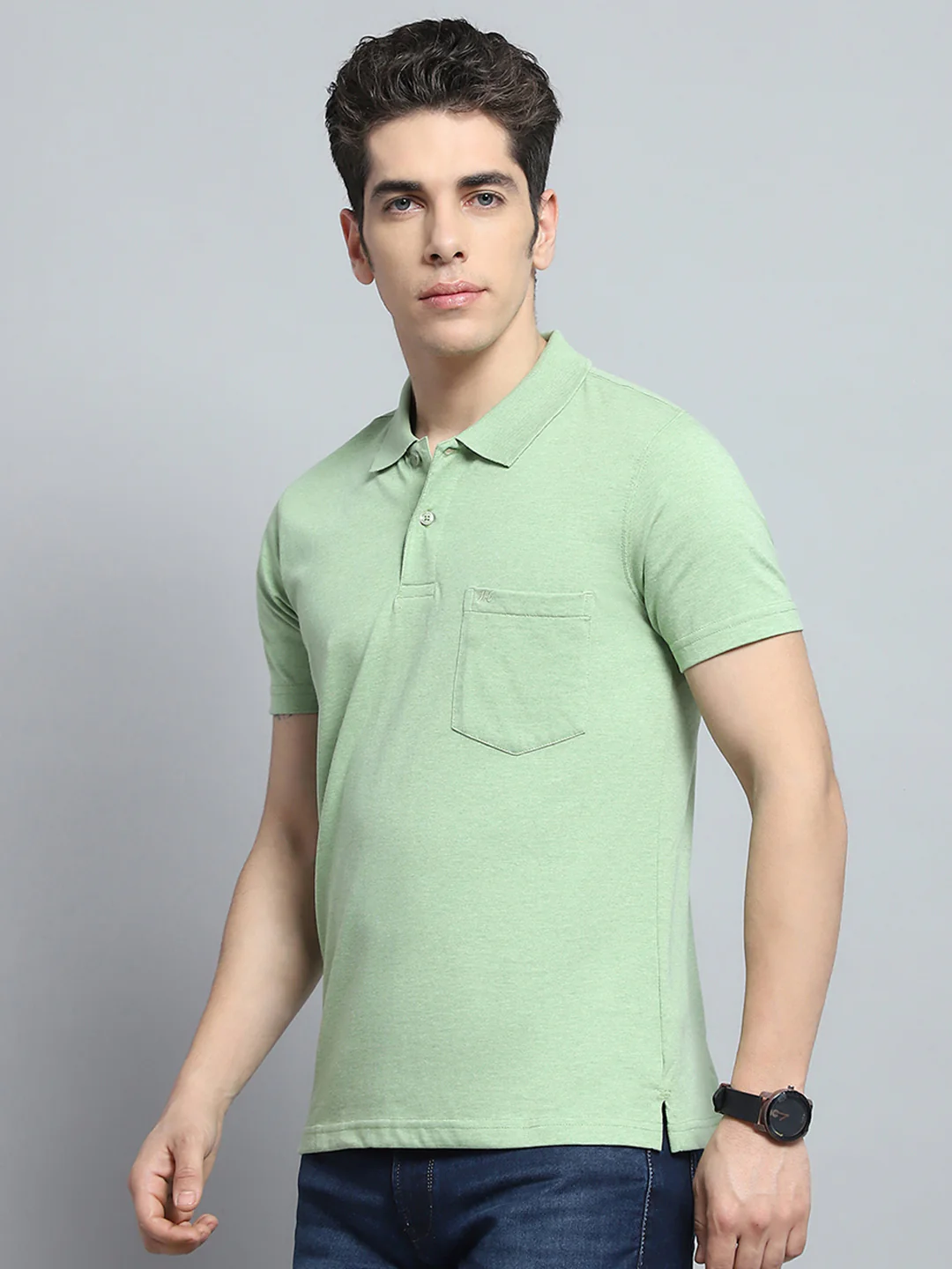 Men Green Solid Collar Half Sleeve T-Shirt - Image 3