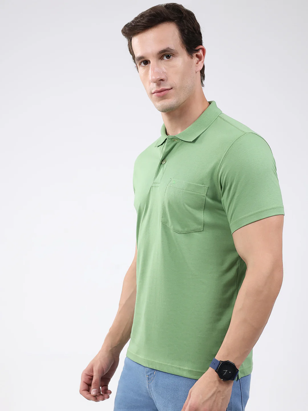 Men Green Solid Collar Half Sleeve T-Shirt - Image 3