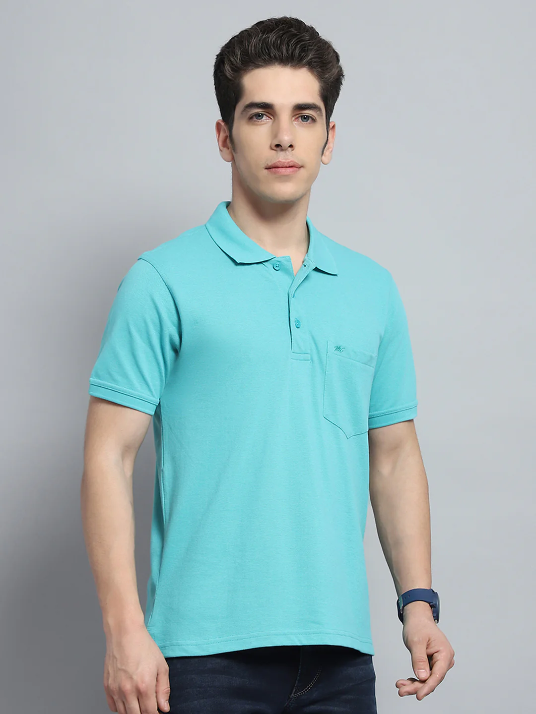 Men Green Solid Collar Half Sleeve T-Shirt - Image 4