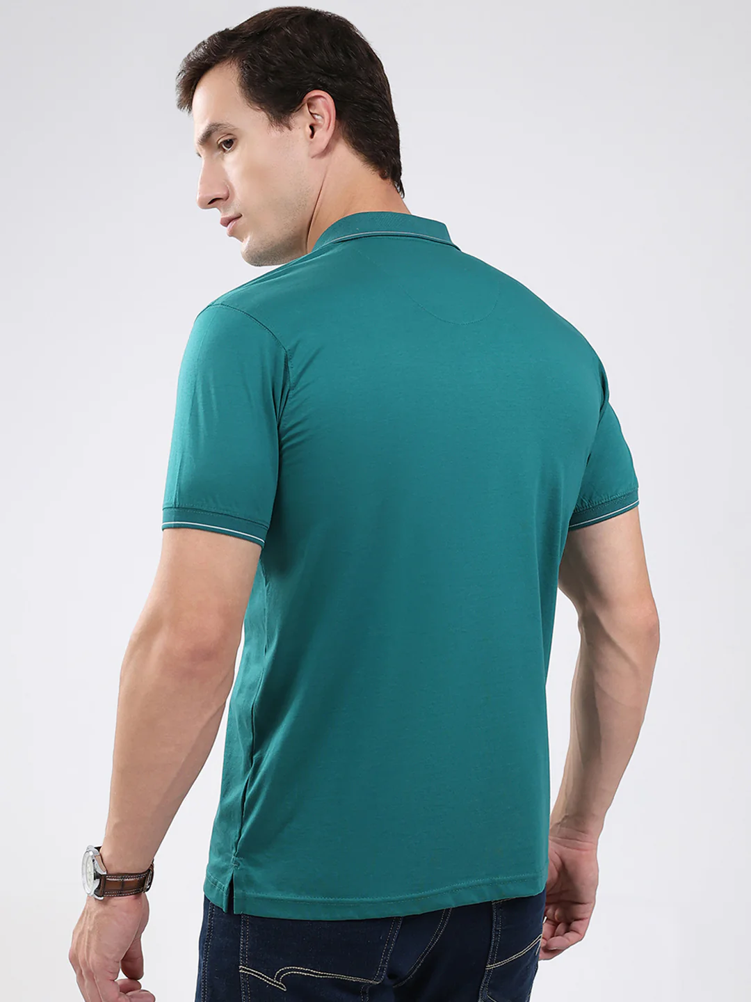 Men Green Solid Collar Half Sleeve T-Shirt - Image 5