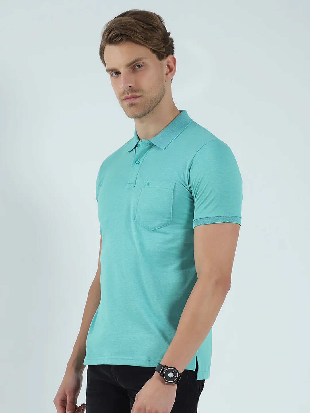 Men Green Solid Collar Half Sleeve T-Shirt - Image 3