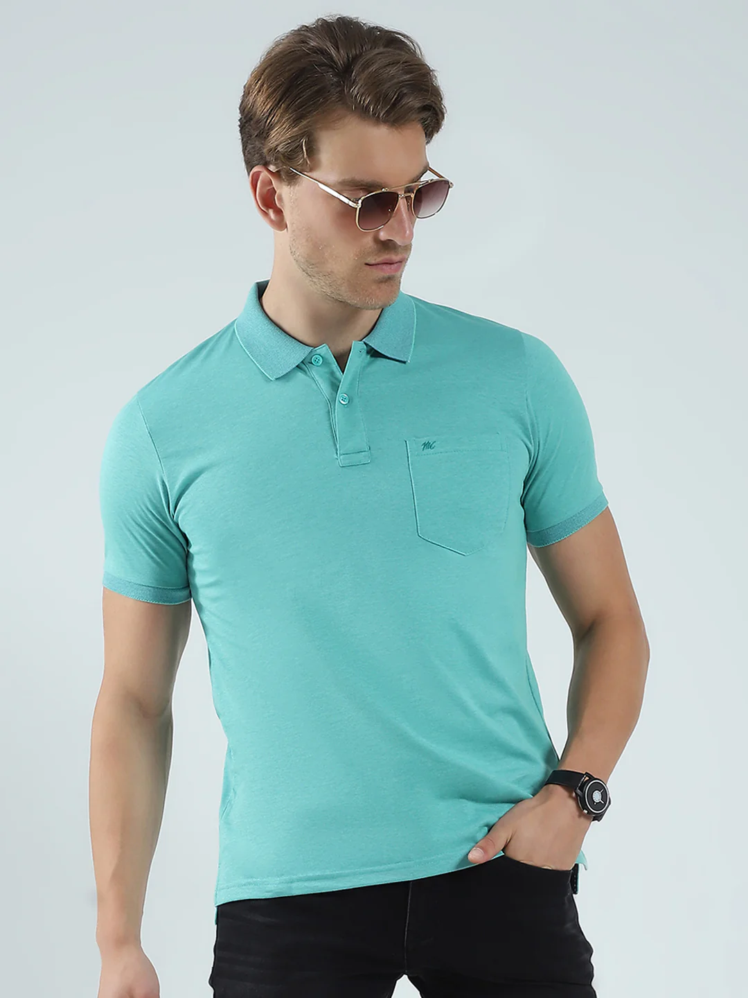 Men Green Solid Collar Half Sleeve T-Shirt - Image 6