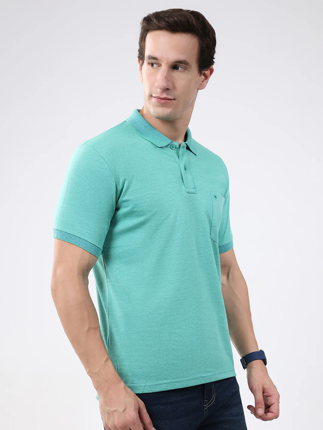 Men Green Solid Collar Half Sleeve T-Shirt - Image 4