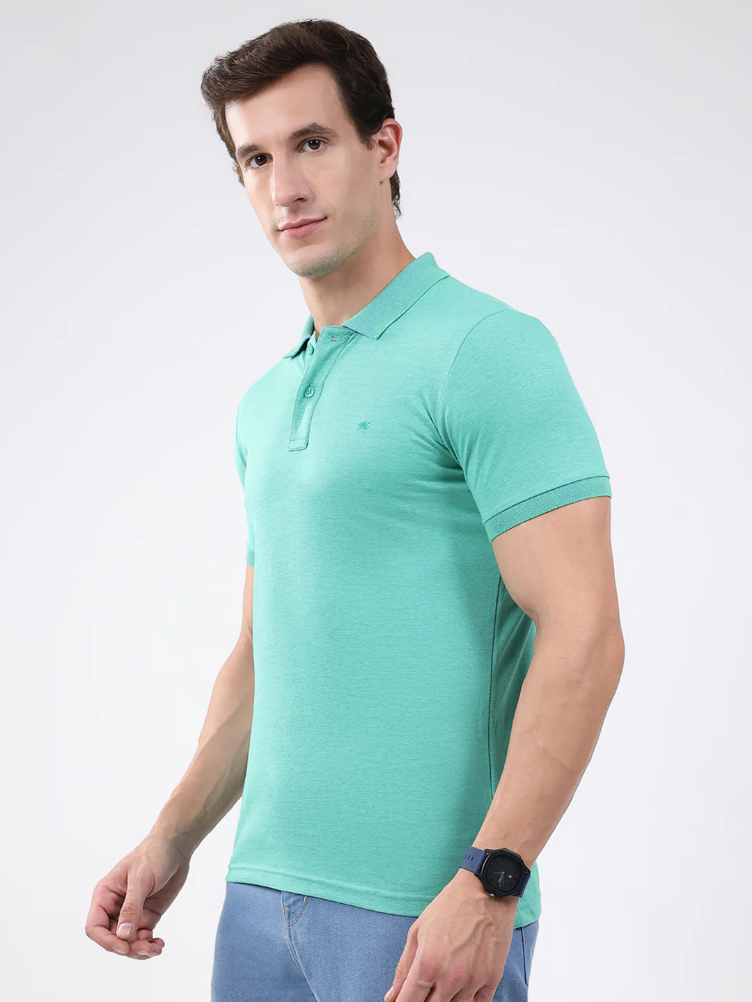Men Green Solid Collar Half Sleeve T-Shirt - Image 3