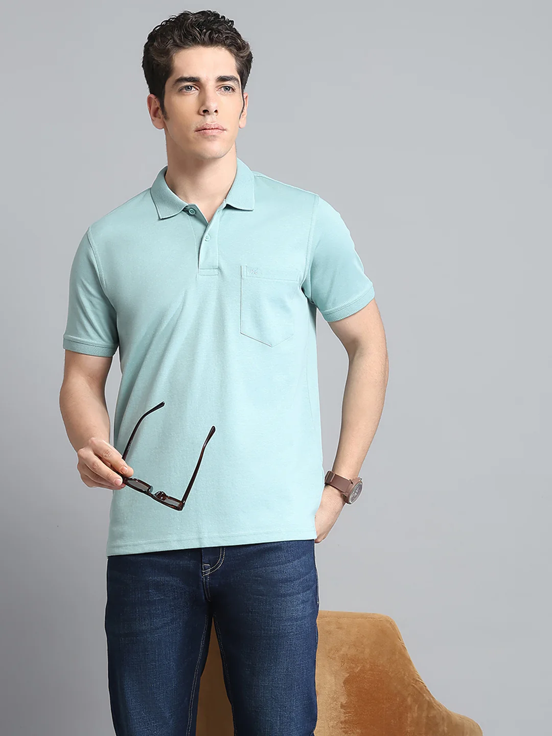 Men Green Solid Collar Half Sleeve T-Shirt - Image 6