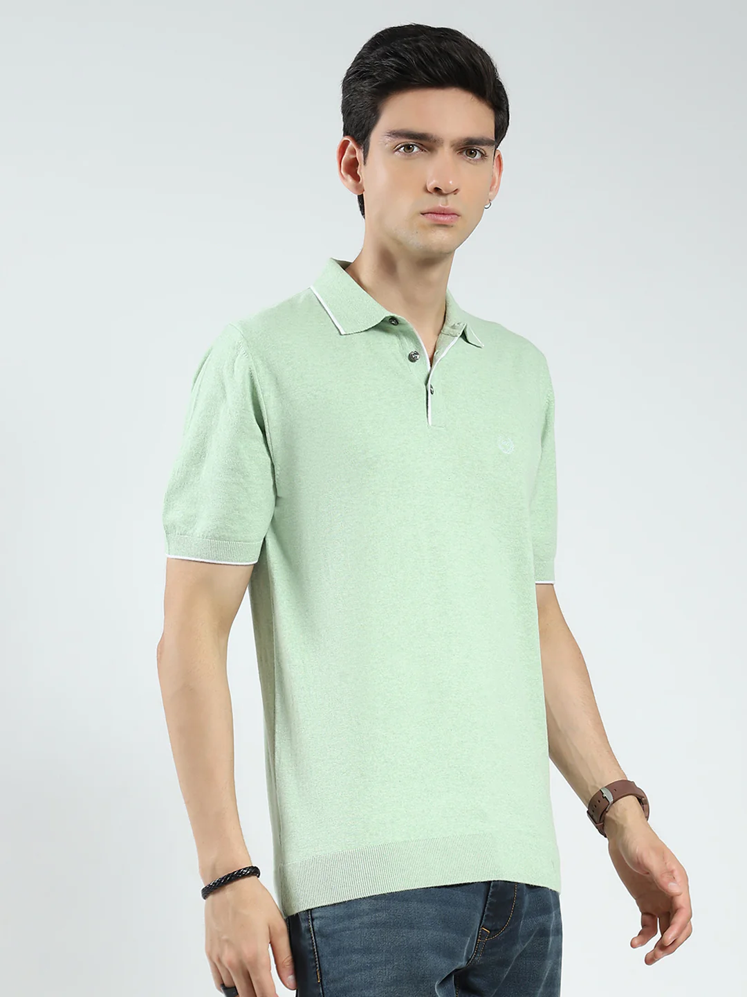 Men Green Solid Collar Half Sleeve T-Shirt - Image 4