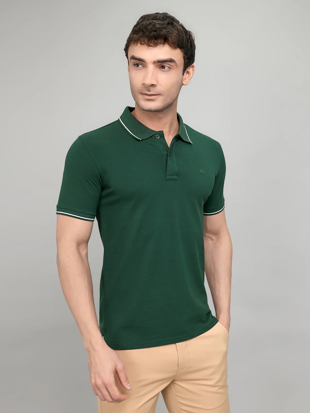 Men Green Solid Collar Half Sleeve T-Shirt - Image 3