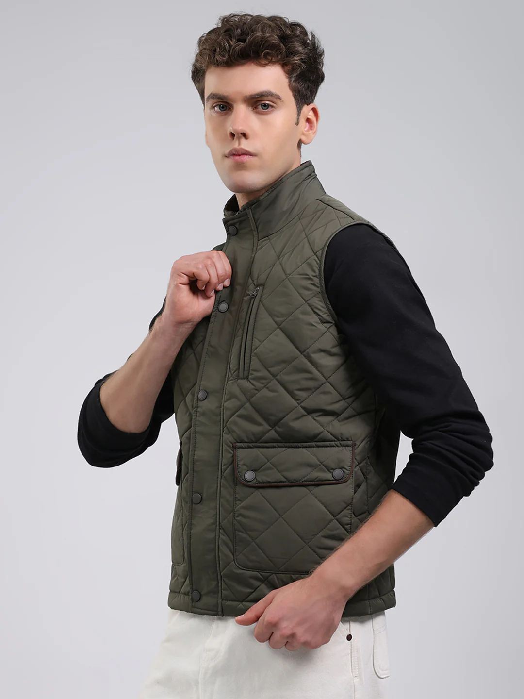 Men Green Solid Collar Sleeveless Jacket - Image 3