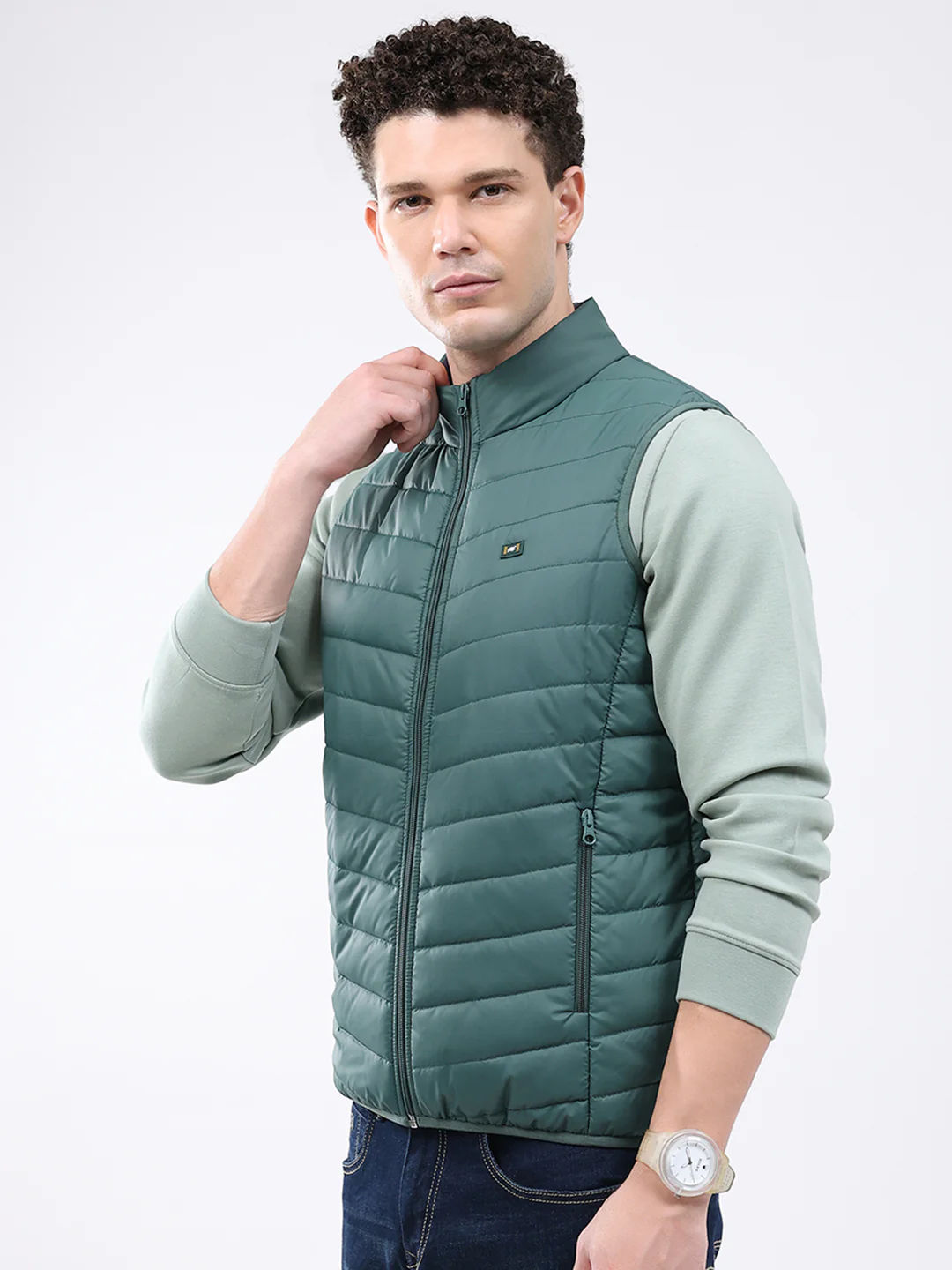 Men Green Solid Collar Sleeveless Jacket - Image 3