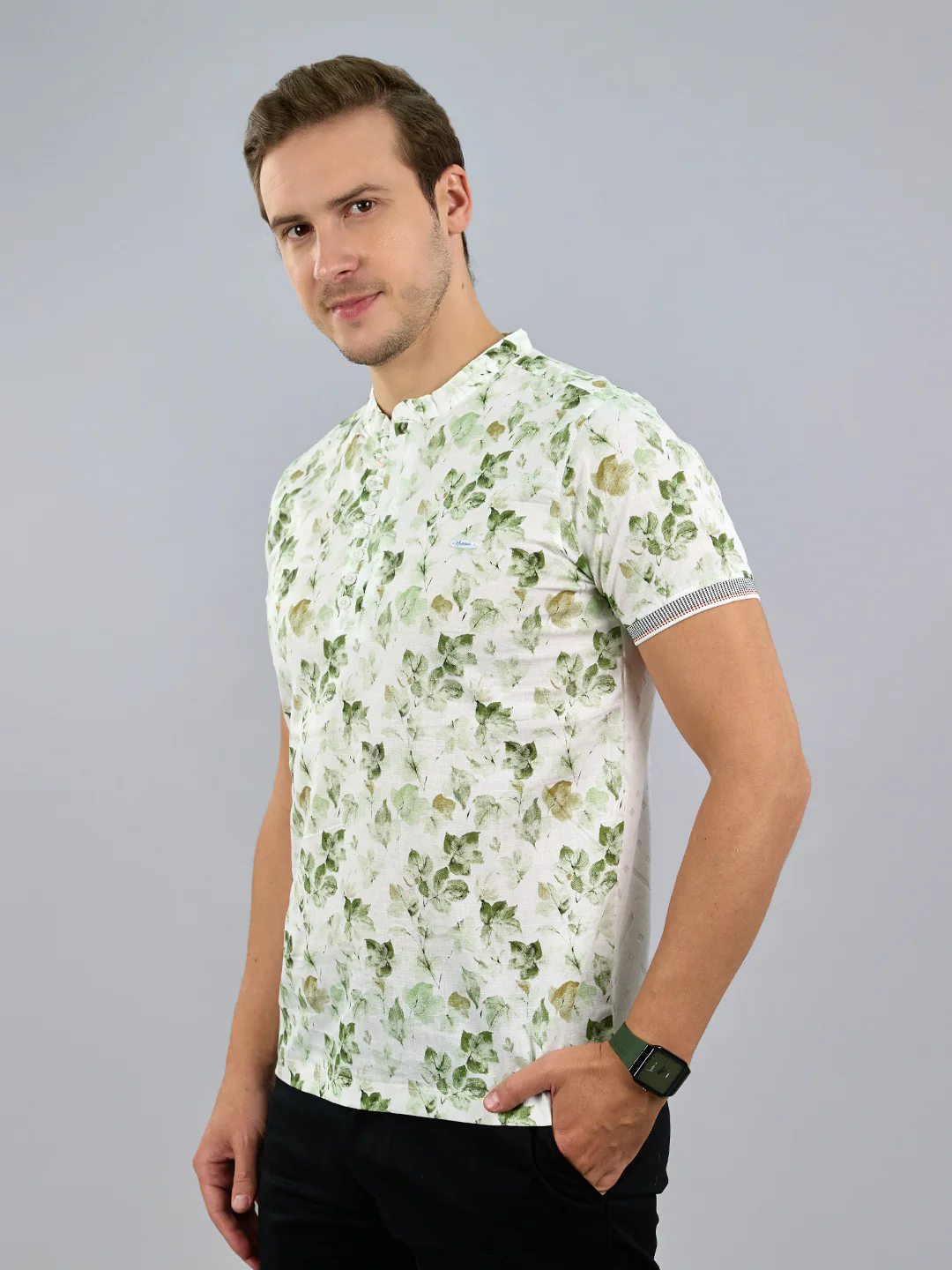 Men Green Solid Henley Neck Half Sleeve T-Shirt - Image 3