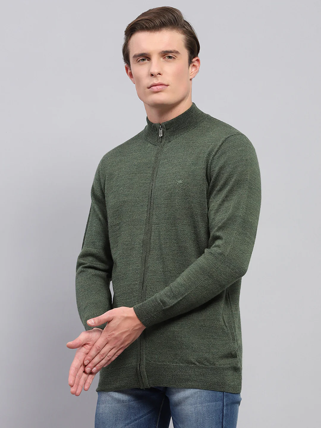 Men Green Solid High Neck Full Sleeve Pullover - Image 3