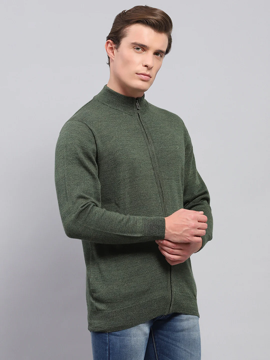 Men Green Solid High Neck Full Sleeve Pullover - Image 4