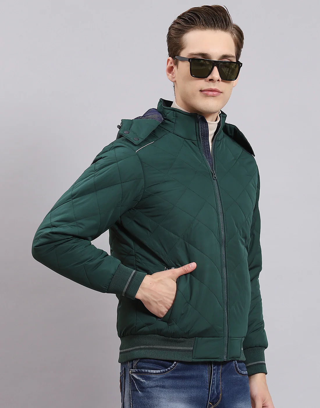 Men Green Solid Hooded Full Sleeve Jacket - Image 5