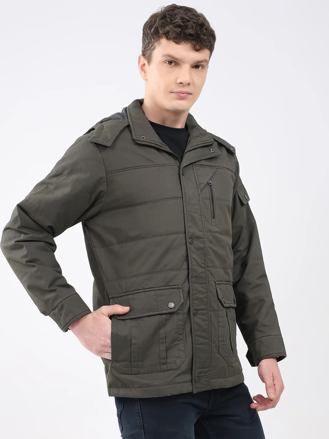 Men Green Solid Hooded Full Sleeve Jacket - Image 4