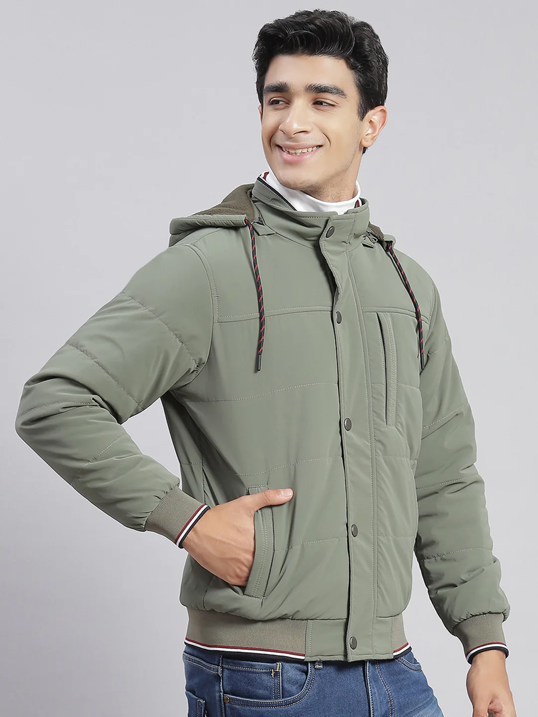 Men Green Solid Hooded Full Sleeve Jackets - Image 5