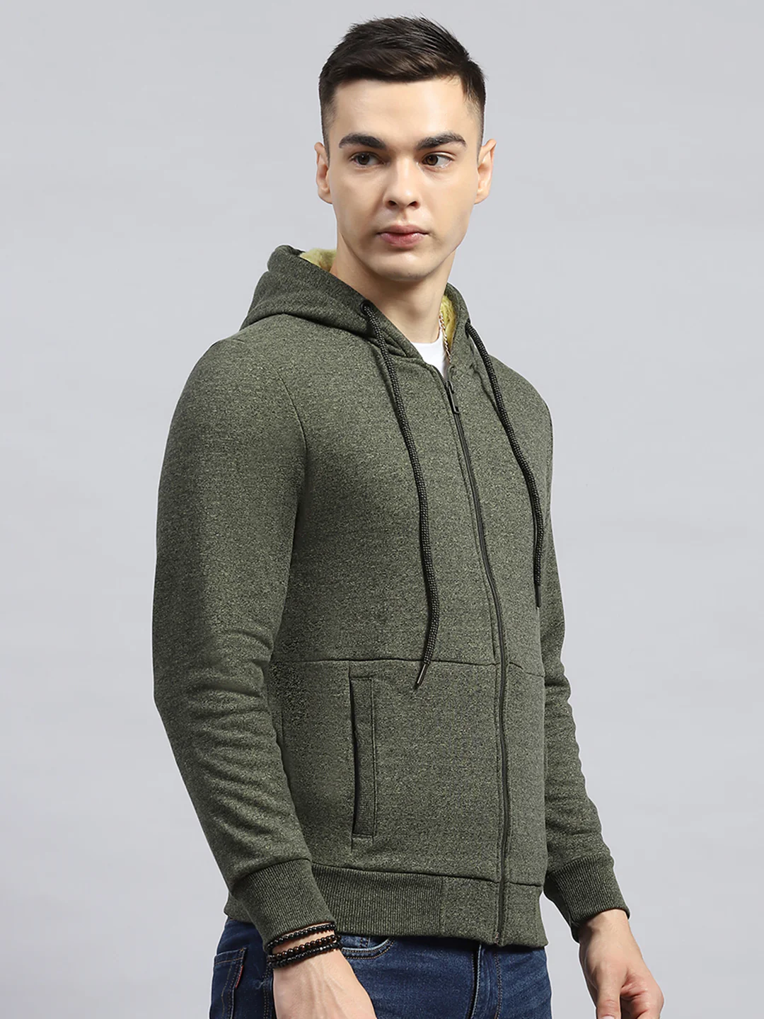 Men Green Solid Hooded Full Sleeve Sweatshirt - Image 4