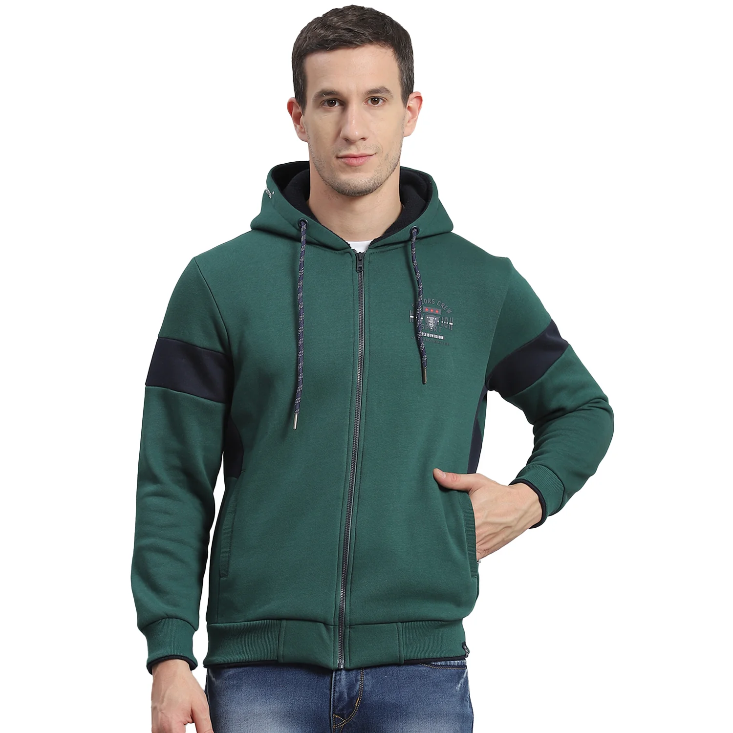 Men Green Solid Hooded Full Sleeve Sweatshirt - Image 5