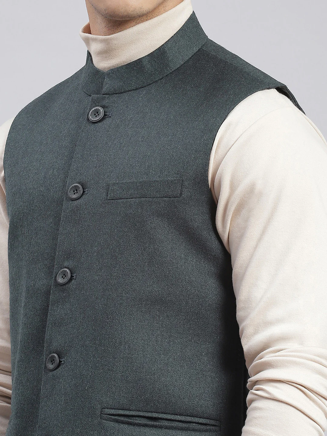 Men Green Solid Mandarin Collar Sleeveless Nehru Jackets - Image 7