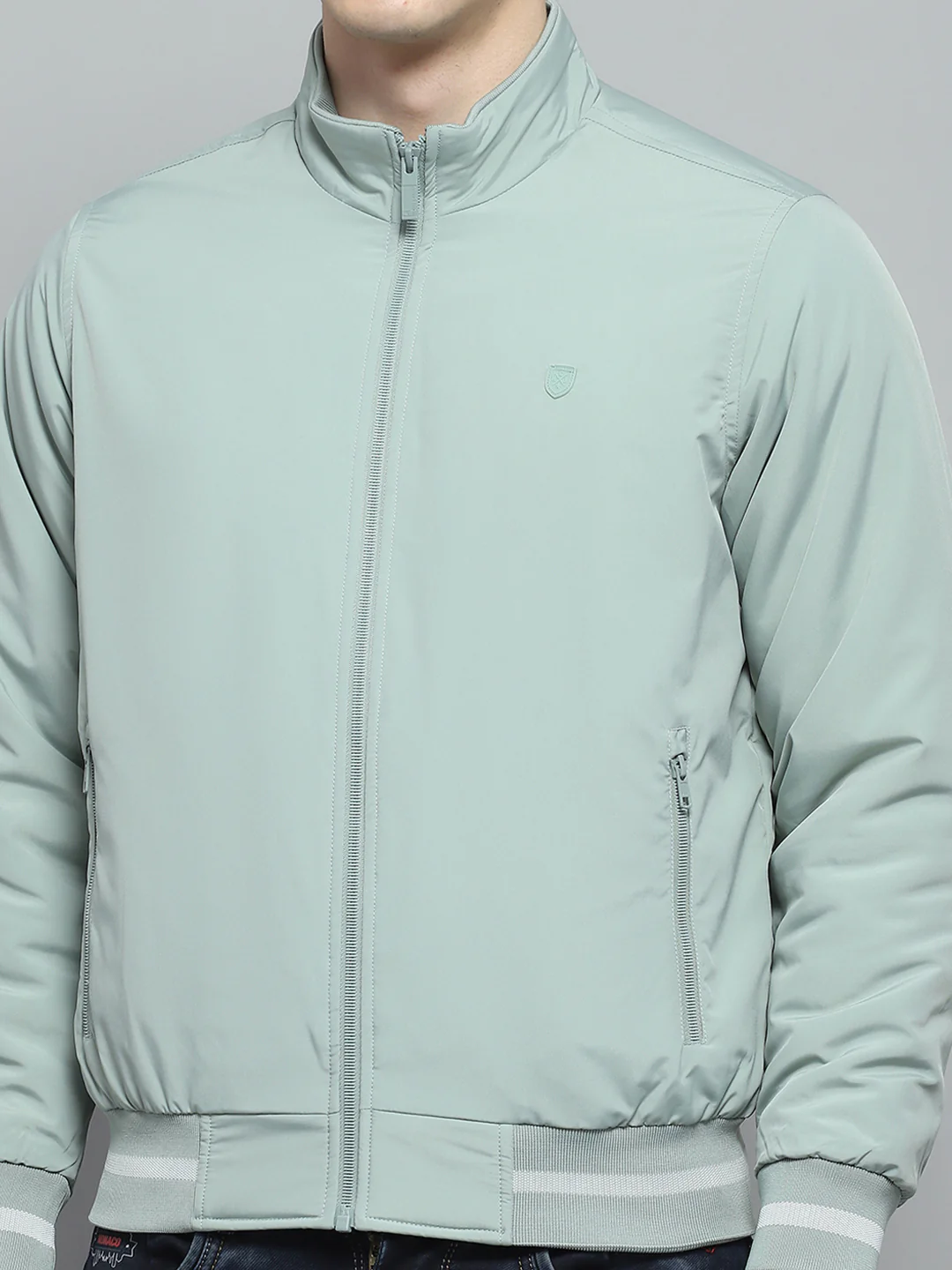 Men Green Solid Mock Neck Full Sleeve Jacket - Image 6