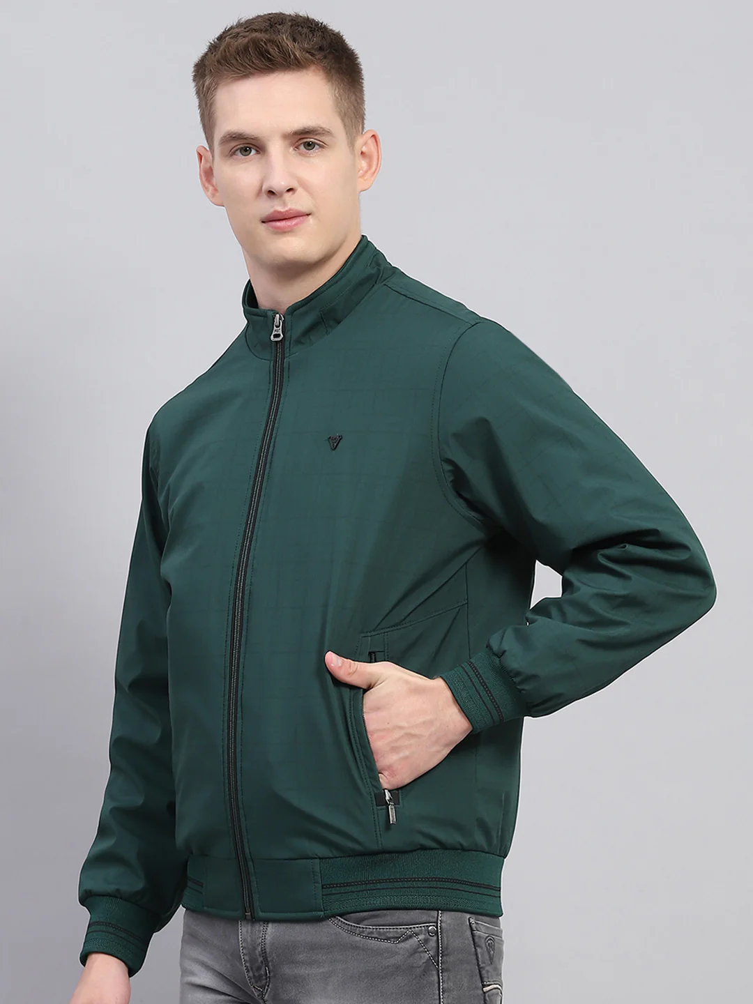 Men Green Solid Mock Neck Full Sleeve Jacket - Image 3
