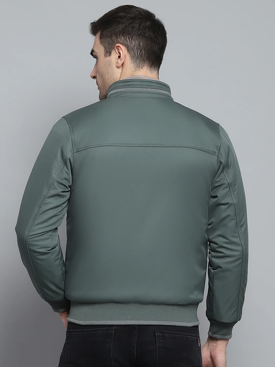 Men Green Solid Mock Neck Full Sleeve Jacket - Image 5