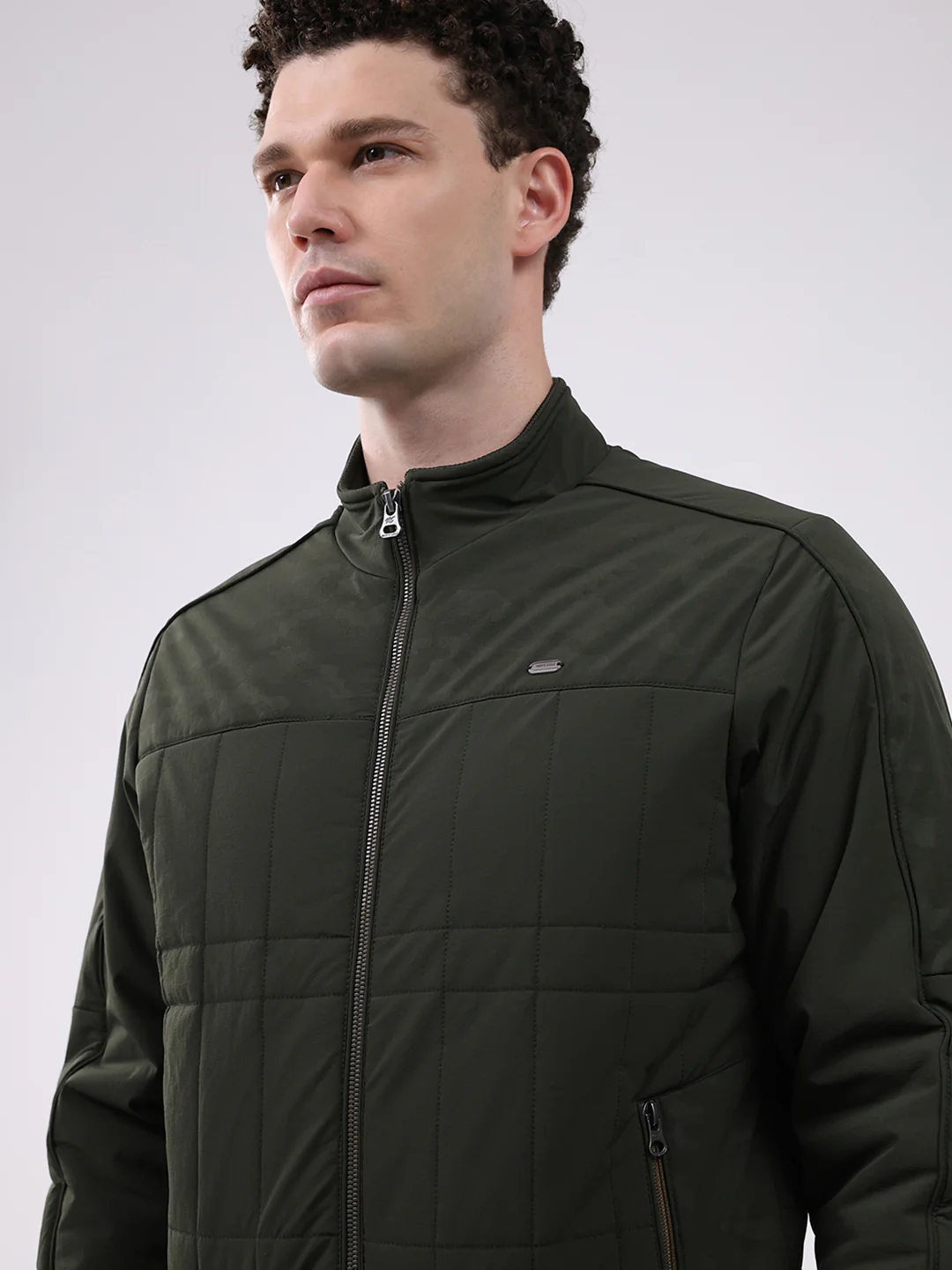 Men Green Solid Mock Neck Full Sleeve Jacket - Image 7