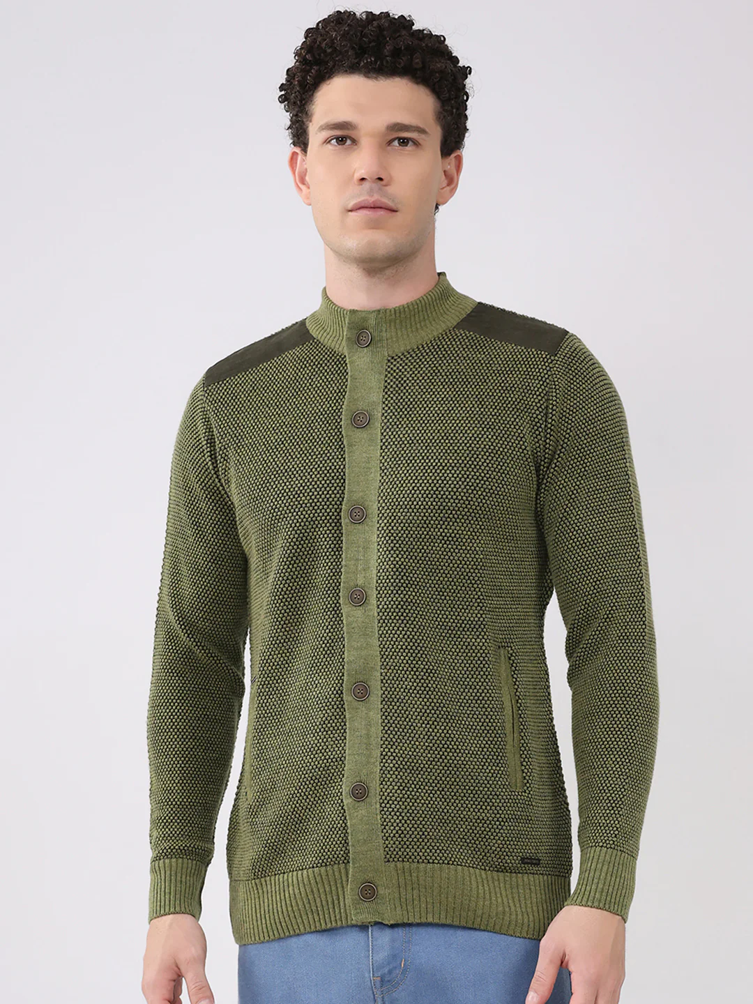 Men Green Solid Mock Neck Full Sleeve Pullover