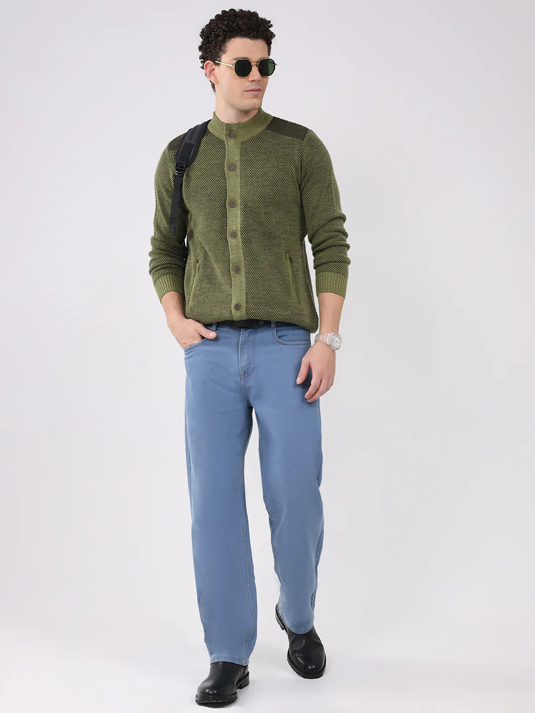 Men Green Solid Mock Neck Full Sleeve Pullover - Image 2