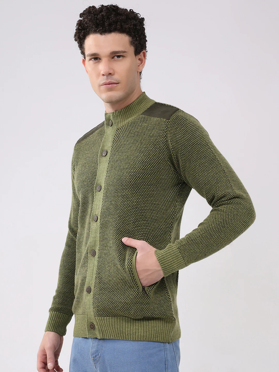Men Green Solid Mock Neck Full Sleeve Pullover - Image 3