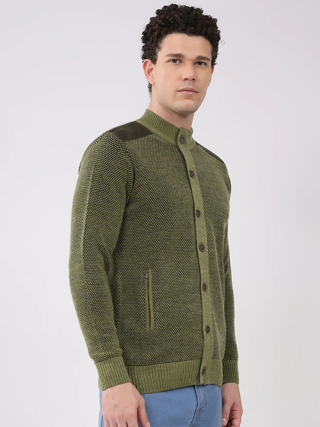 Men Green Solid Mock Neck Full Sleeve Pullover - Image 4