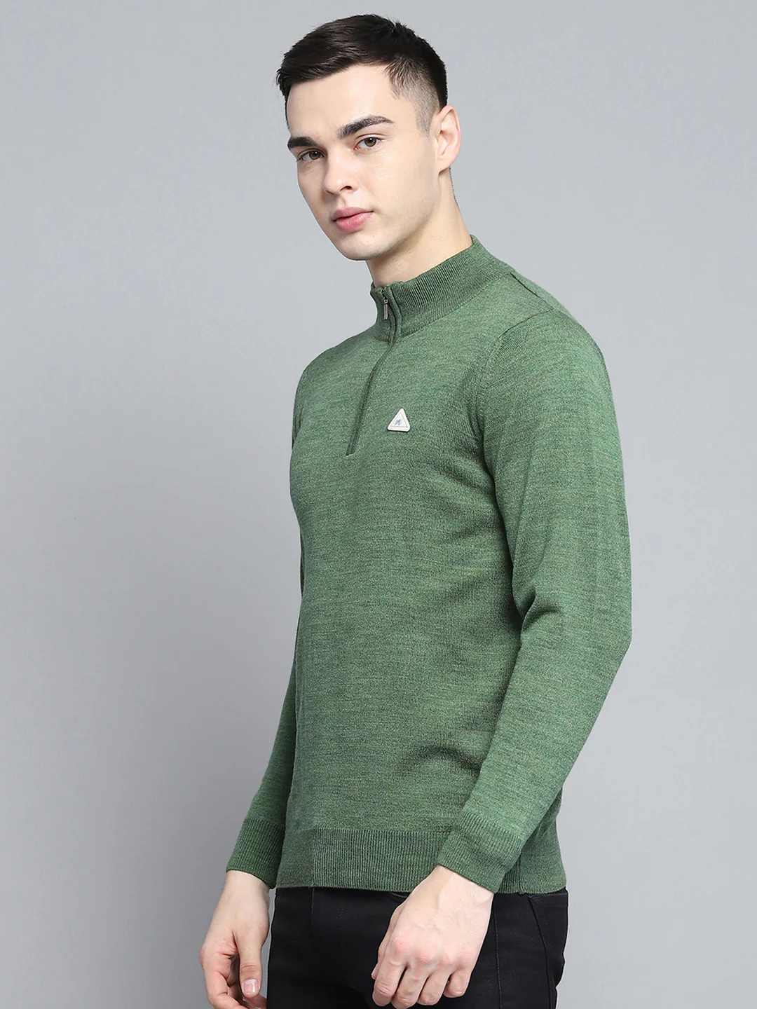 Men Green Solid Mock Neck Full Sleeve Pullover - Image 3
