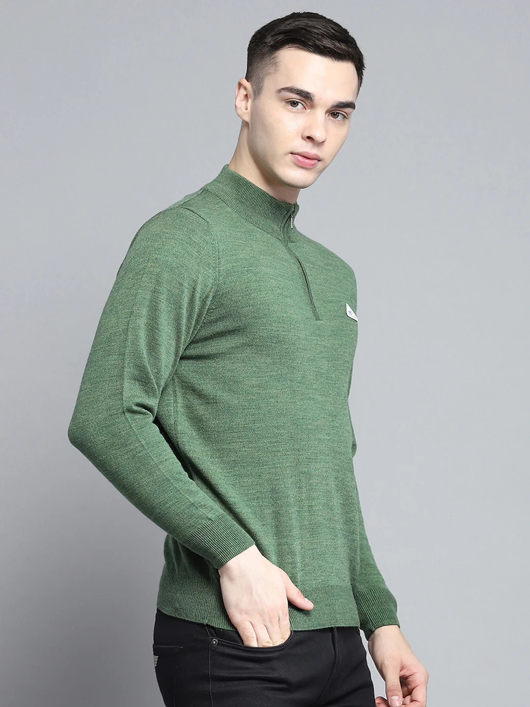 Men Green Solid Mock Neck Full Sleeve Pullover - Image 4