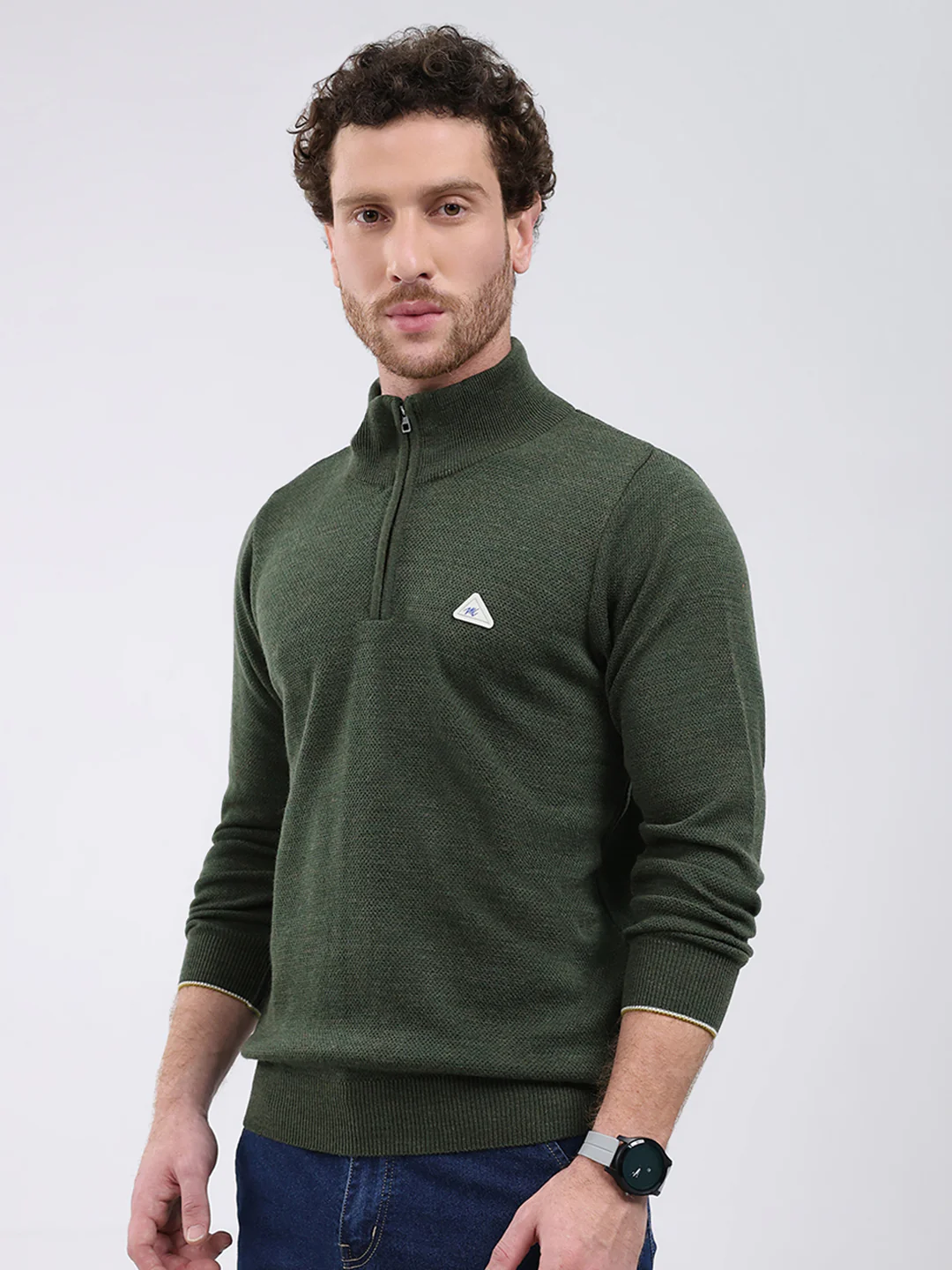 Men Green Solid Mock Neck Full Sleeve Pullover - Image 3