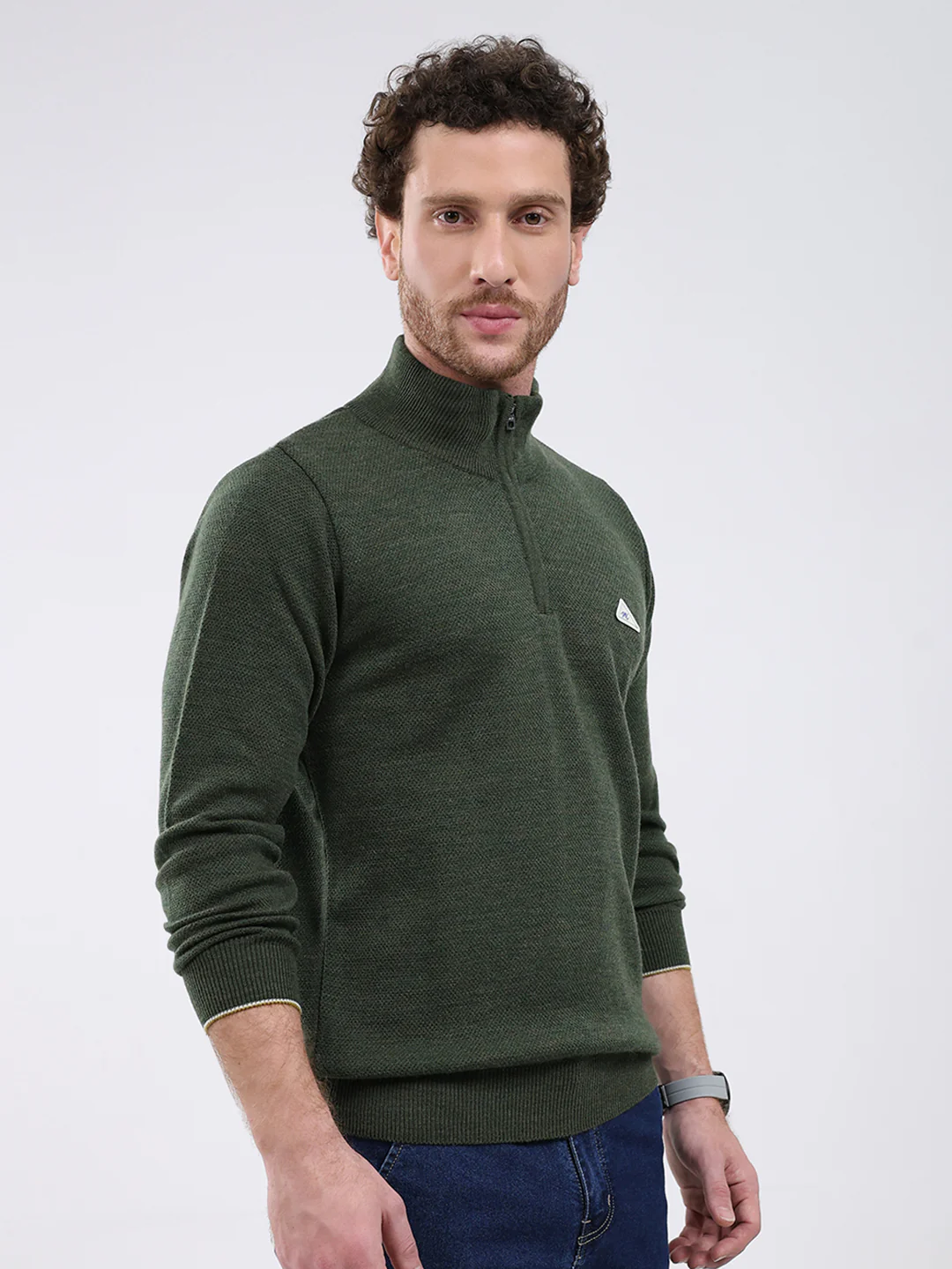 Men Green Solid Mock Neck Full Sleeve Pullover - Image 4
