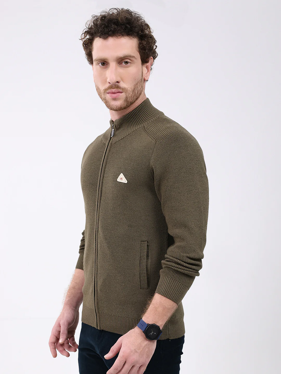 Men Green Solid Mock Neck Full Sleeve Pullover - Image 3