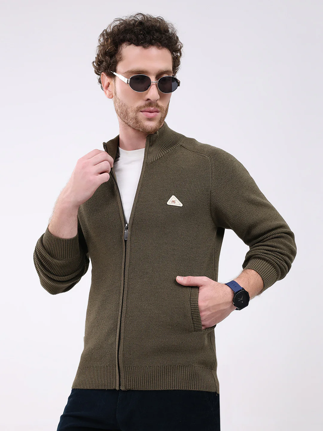 Men Green Solid Mock Neck Full Sleeve Pullover - Image 6