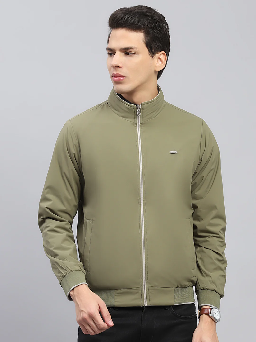 Men Beige Solid Mock Neck Full Sleeve Reversible Jacket - Image 7