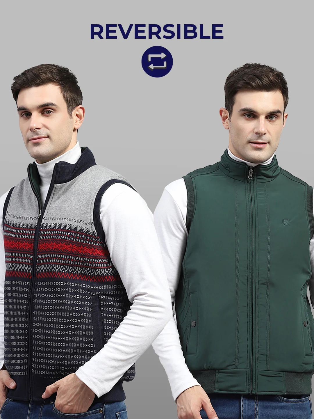 Men Green Solid Mock Neck Sleeveless Reversible Jacket - Image 2