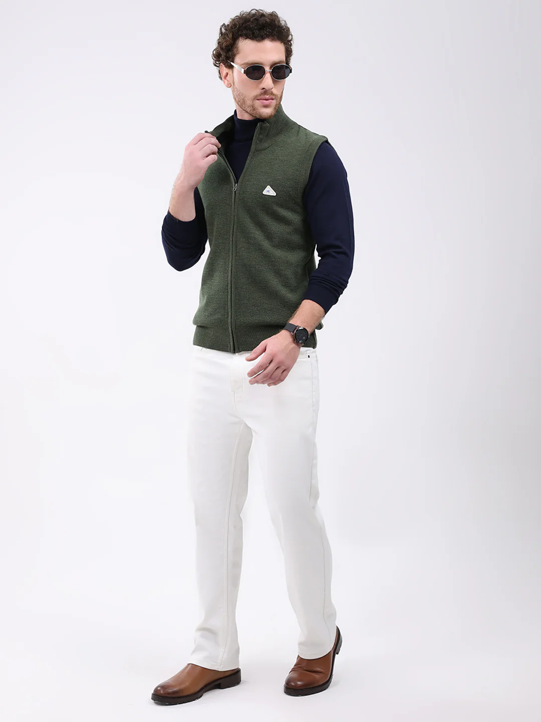 Men Green Solid Mock Neck Sleeveless Sweater - Image 2