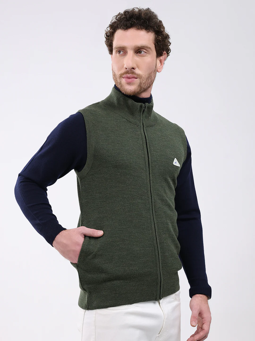 Men Green Solid Mock Neck Sleeveless Sweater - Image 4