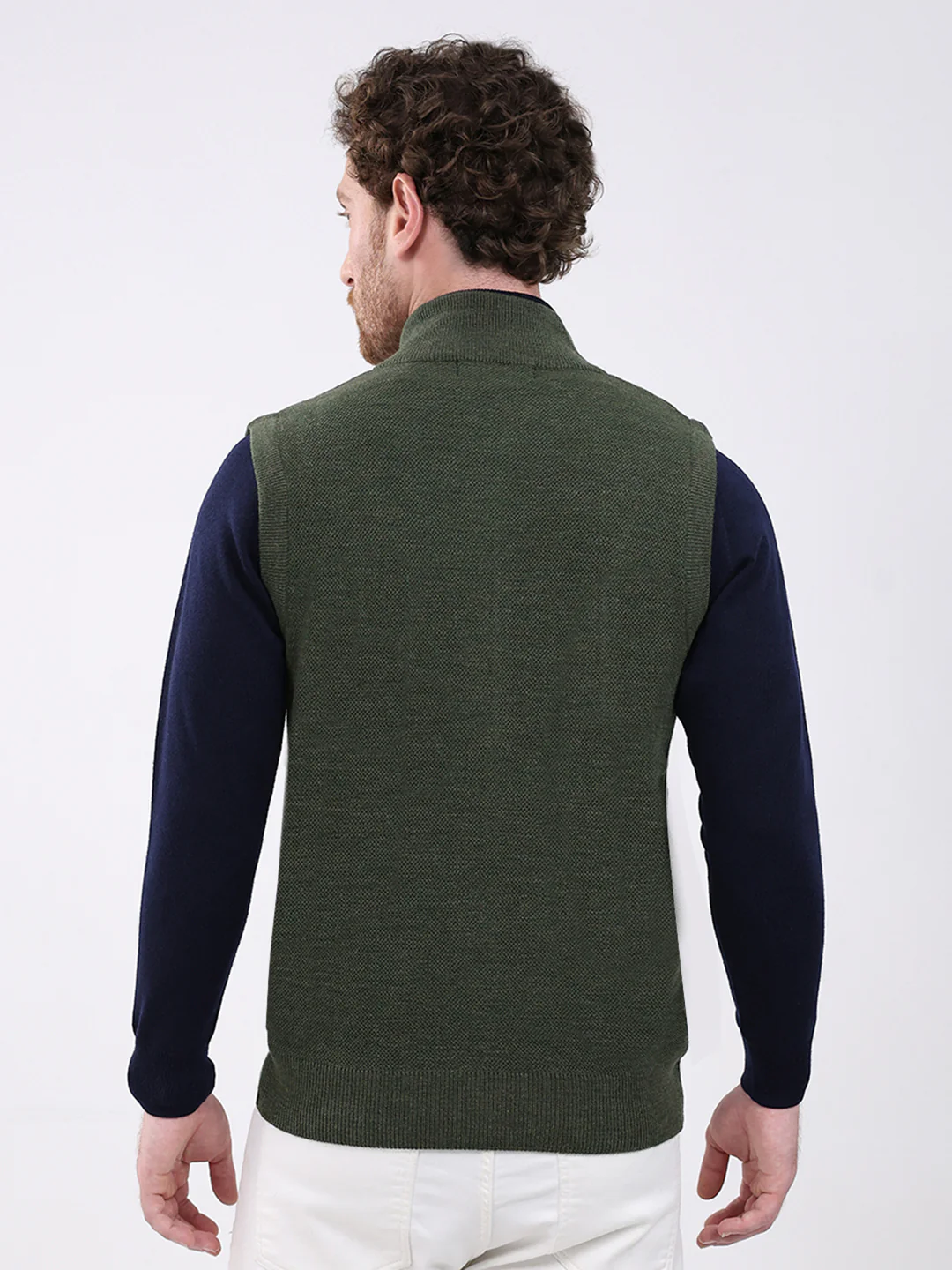 Men Green Solid Mock Neck Sleeveless Sweater - Image 5