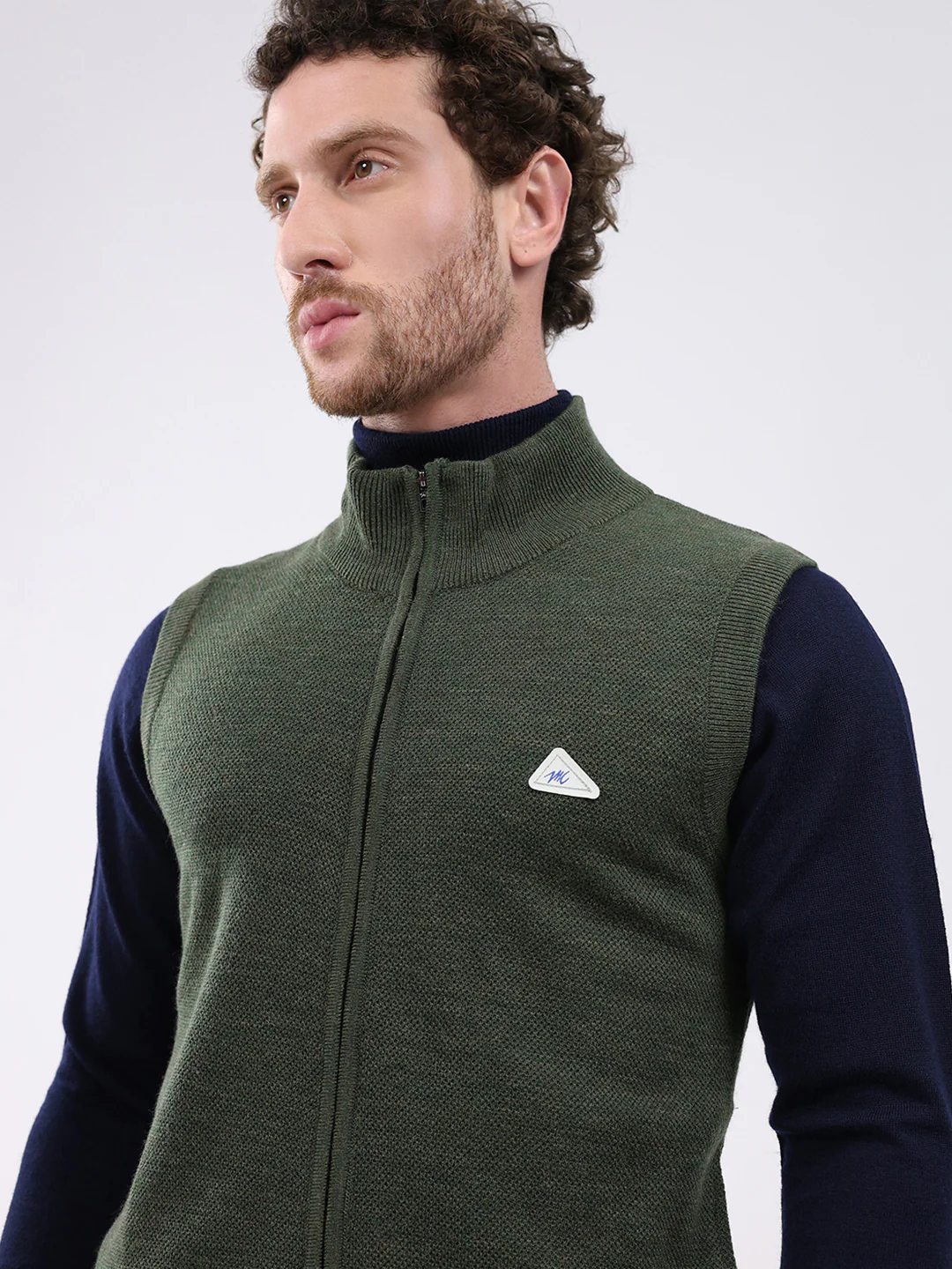 Men Green Solid Mock Neck Sleeveless Sweater - Image 6