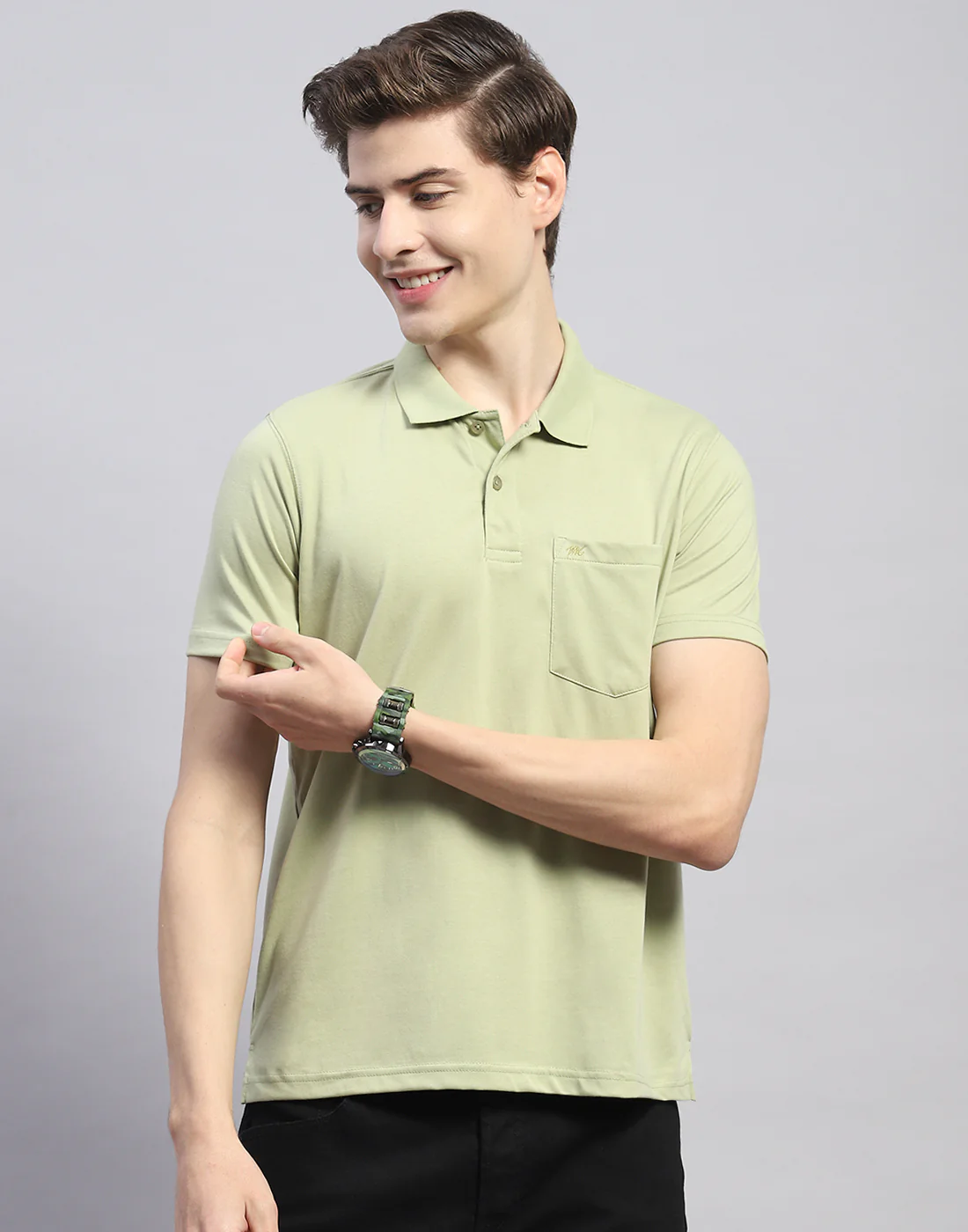 Men Green Solid Polo Collar Half Sleeve T-Shirt - Image 3